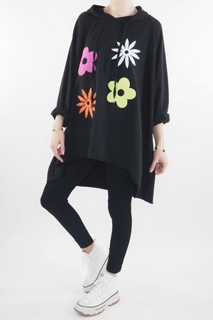 Made in Italy Flower Power Oversized Slouch Hoodie Black *